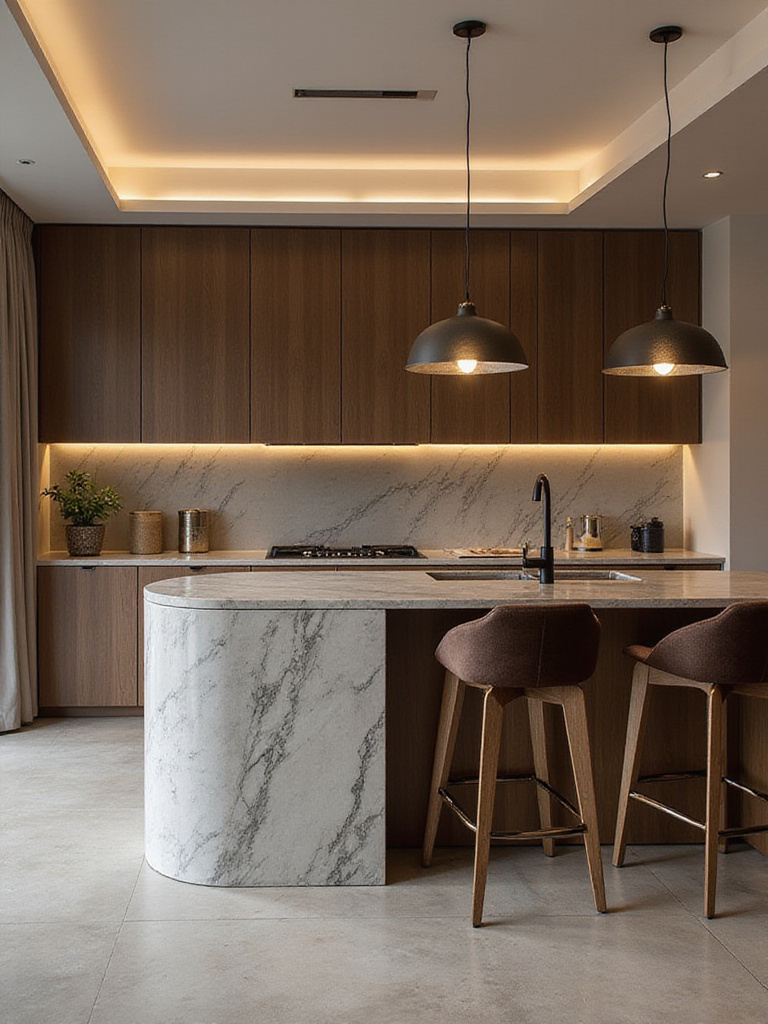 Elegant kitchen interior featuring high-impact furniture like a stylish kitchen island and bar stools.