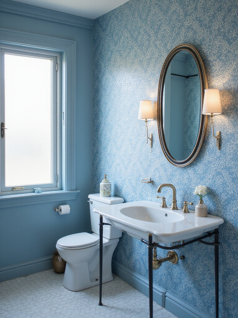 Beautiful blue bathroom wallpaper in a well-lit bathroom setting, showcasing elegant patterns and textures.