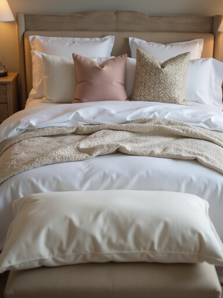 Luxurious layered bedding with various textures and colors