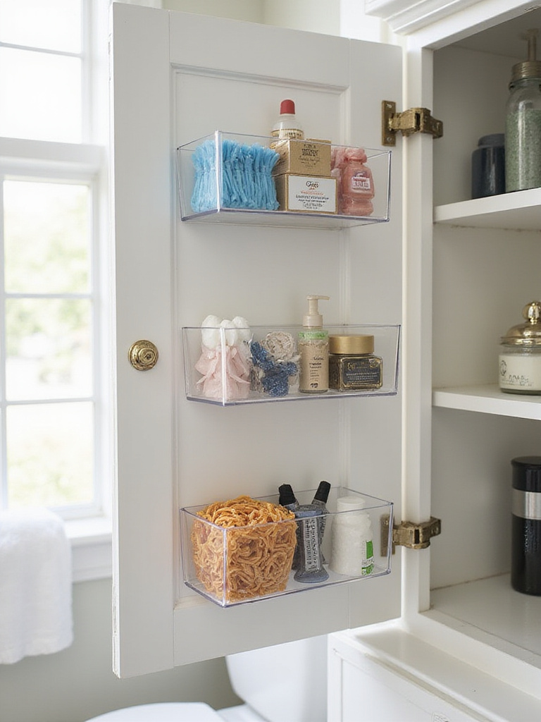 Organized bathroom cabinet showing back-of-cabinet door bins filled with small essentials