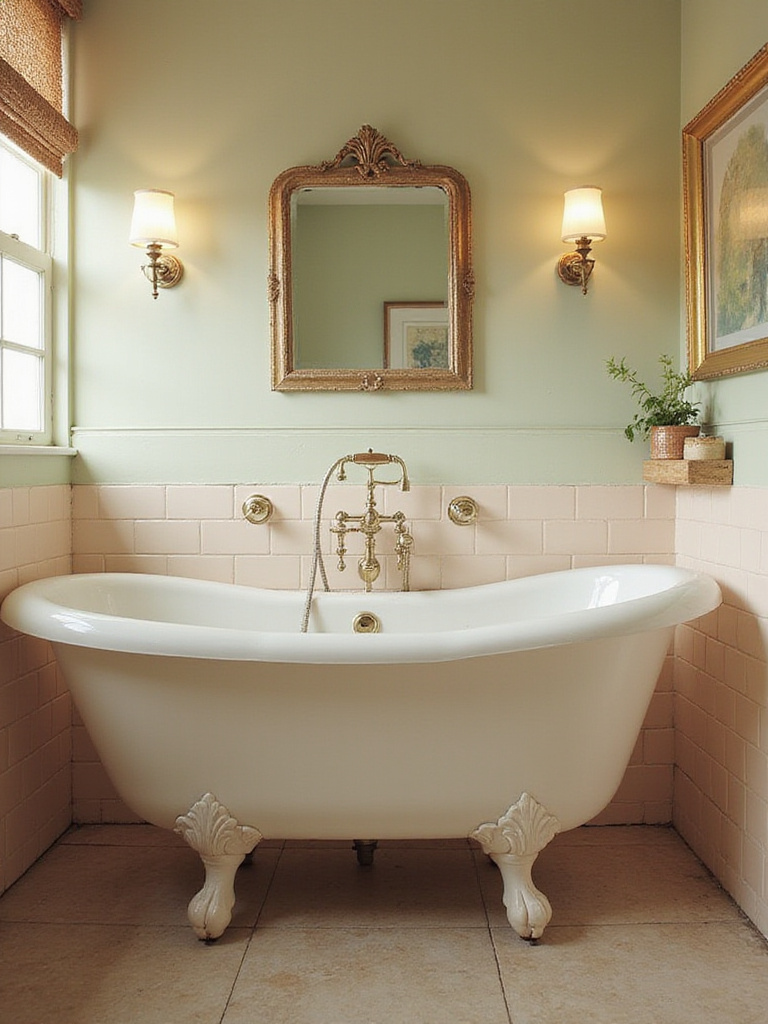 Vintage retro bathroom decor featuring a clawfoot tub and pastel tiles