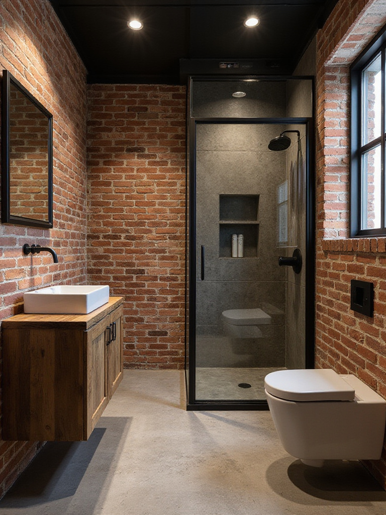 Urban loft bathroom with industrial design elements, featuring exposed brick and reclaimed wood.