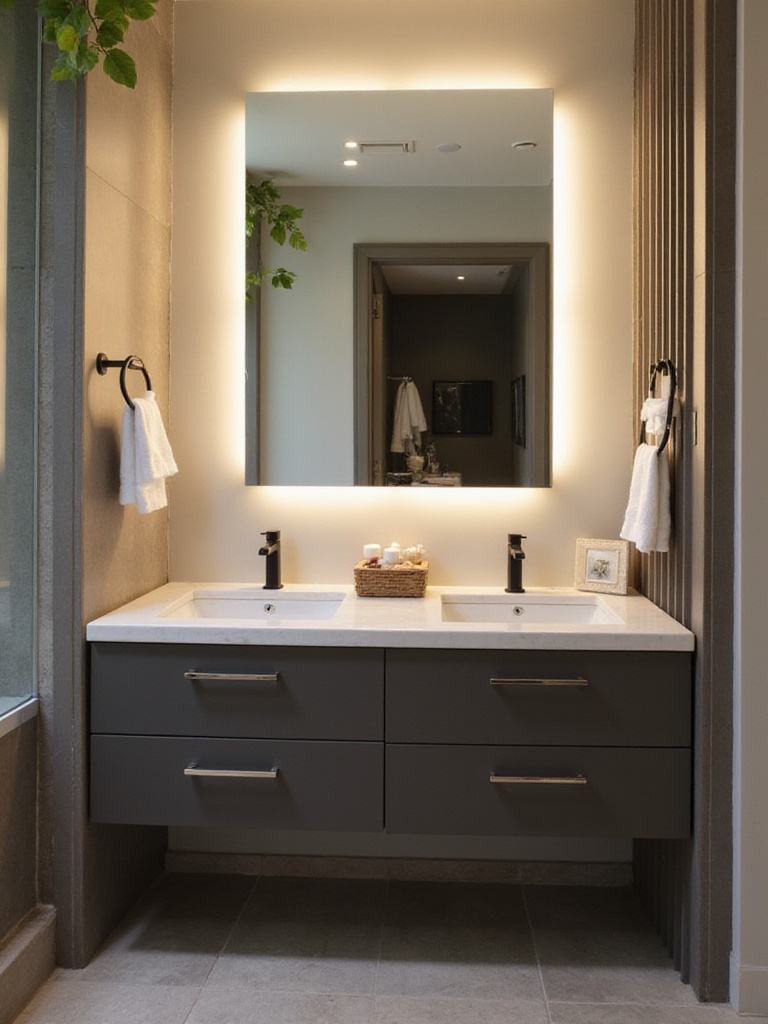 Modern bathroom with a backlit mirror providing soft illumination above a double vanity.