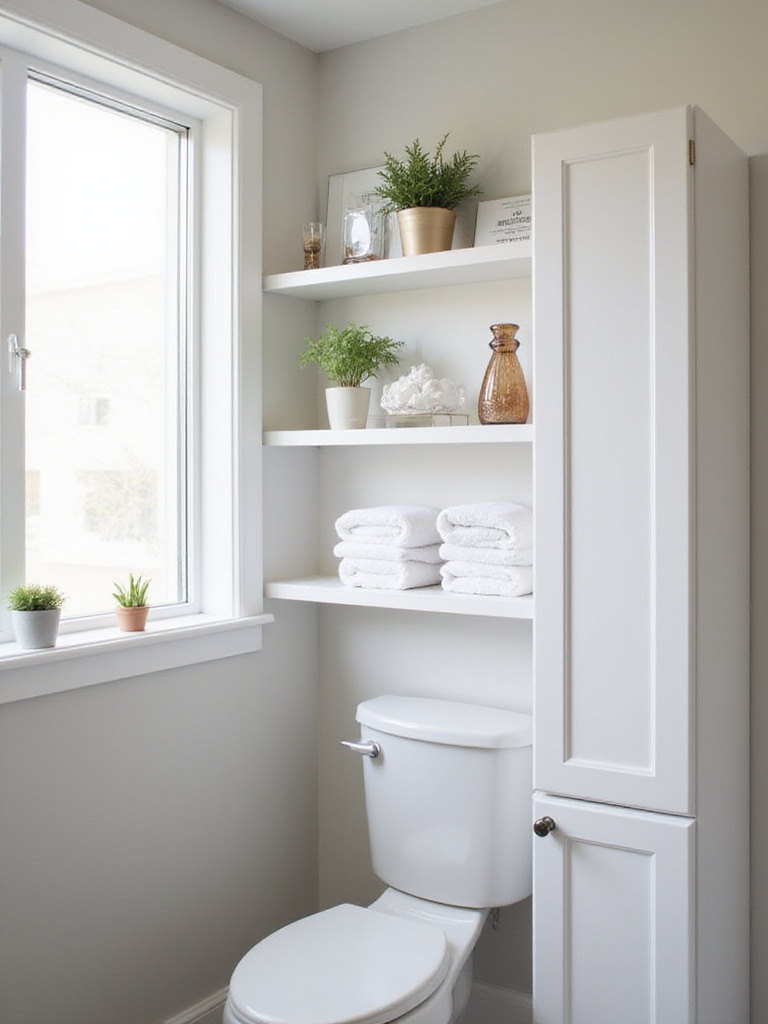A stylish bathroom with open shelves and concealed cabinet storage above the toilet