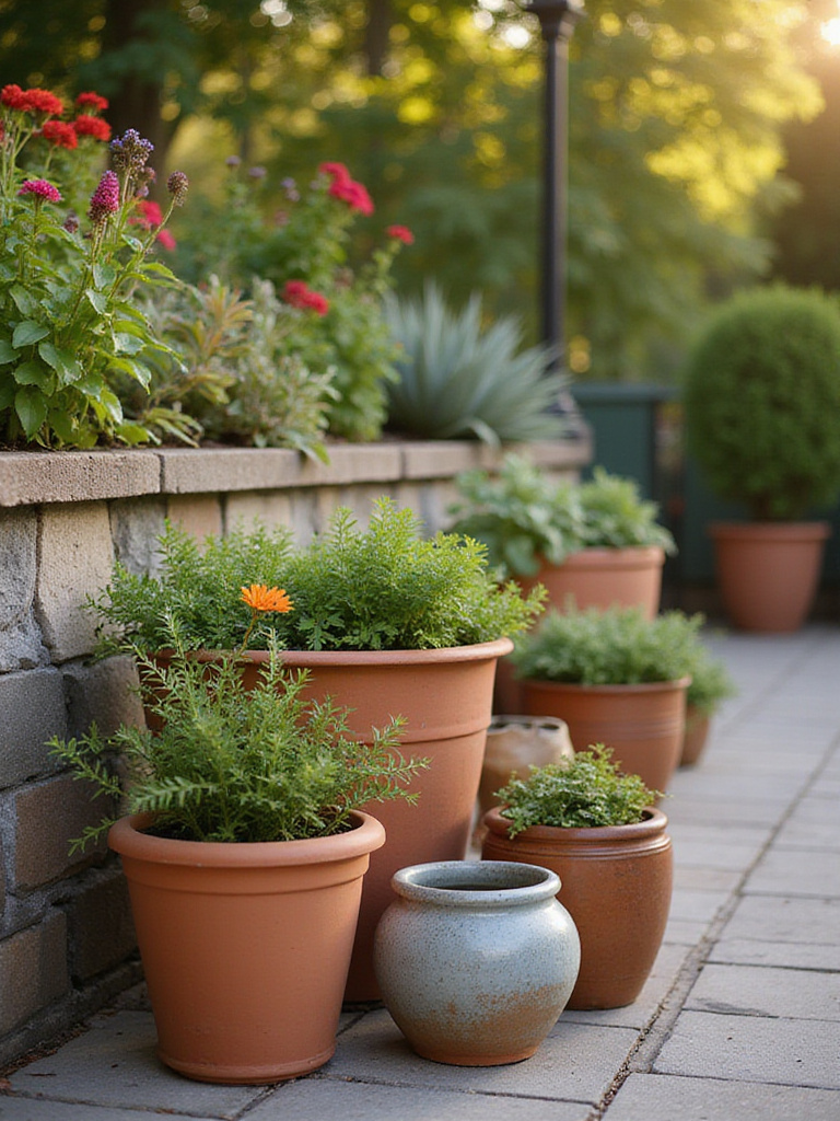 A vibrant patio garden with various decorative containers filled with healthy plants, showcasing a mix of terracotta and glazed ceramic pots.