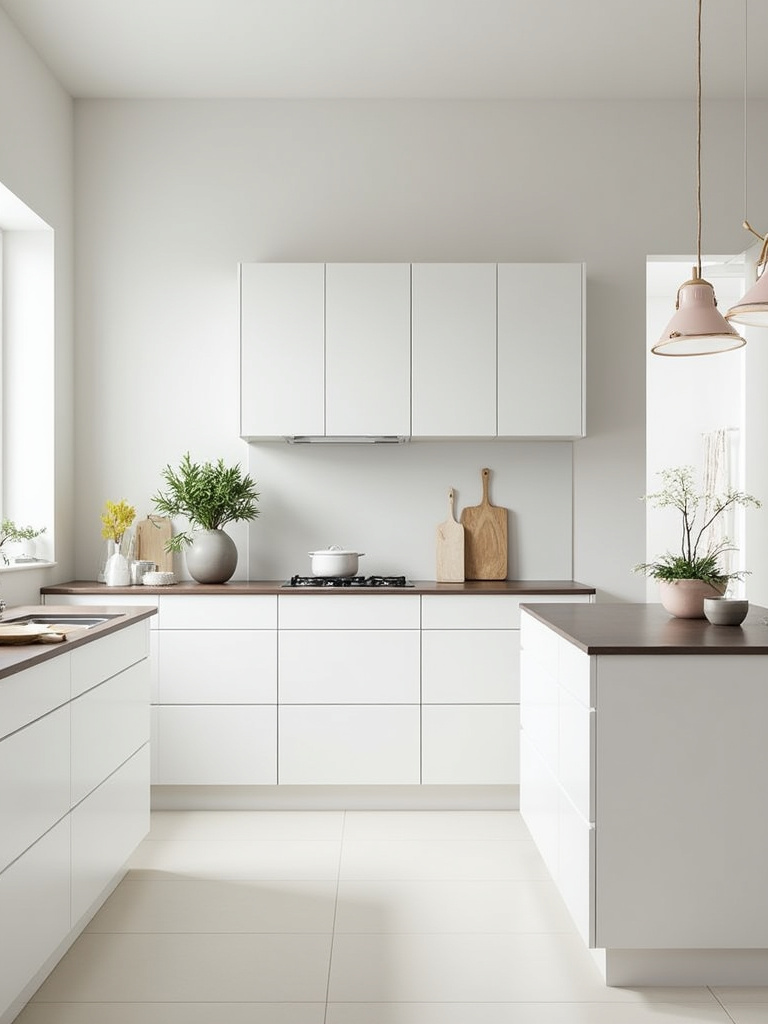 Scandinavian kitchen with handleless cabinetry, showcasing a sleek and minimalist design.