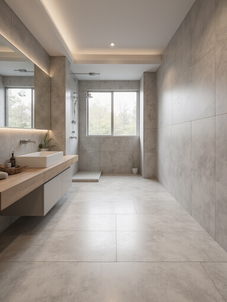 Modern bathroom featuring large format tiles with minimal grout lines, showcasing a sleek design.