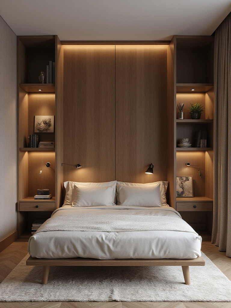 A stylish apartment bedroom featuring multi-functional furniture including a Murphy bed and a built-in desk.