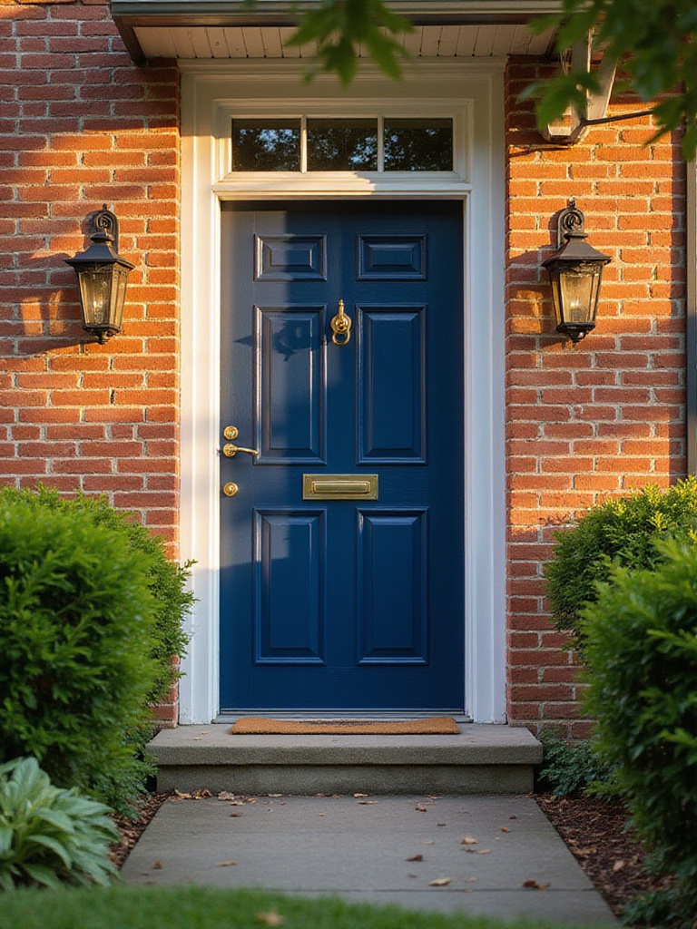 Welcoming navy blue front door on a brick colonial home