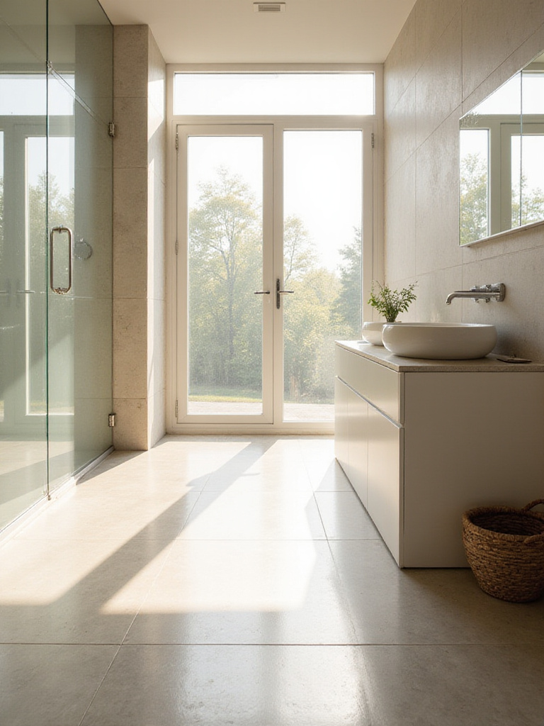 Modern bathroom with abundant natural light from large windows, showcasing minimalist design.