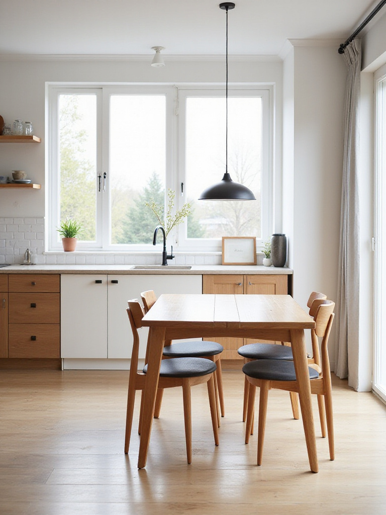 Bright Scandinavian kitchen featuring timeless, functional furniture with clean lines and ergonomic designs.