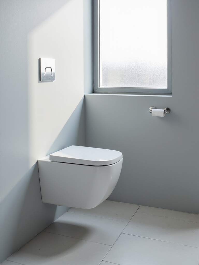 Modern bathroom featuring a wall-mounted toilet with clear floor space