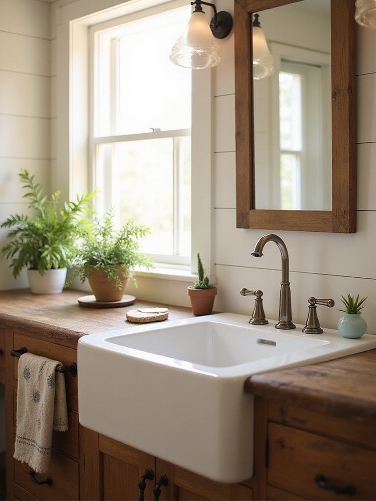 A farmhouse sink in a rustic bathroom setting with natural light and decorative elements.