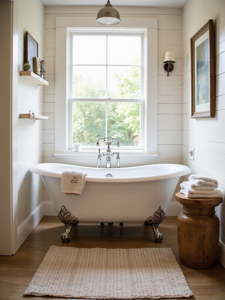 Freestanding clawfoot tub in a vintage farmhouse bathroom setting.
