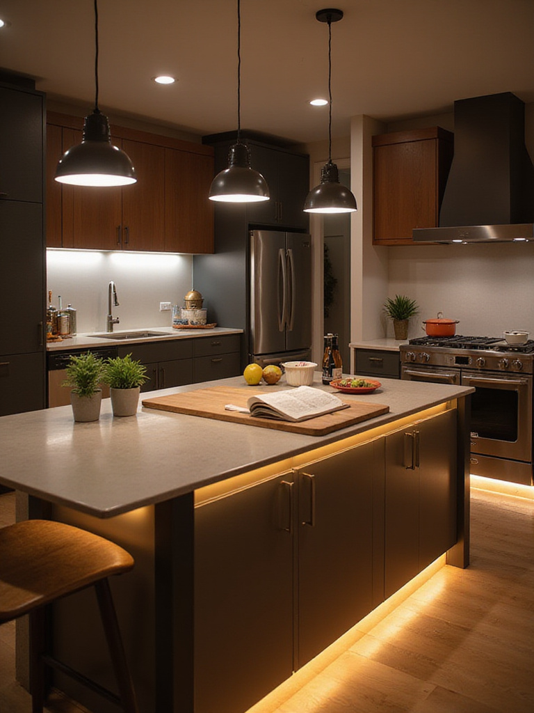 Modern kitchen island with combined task and ambient lighting.