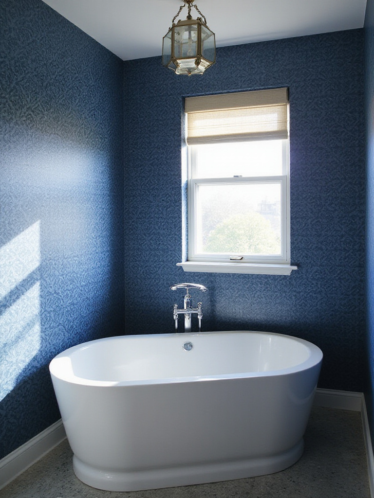 Elegant bathroom with navy blue damask wallpaper and natural light.
