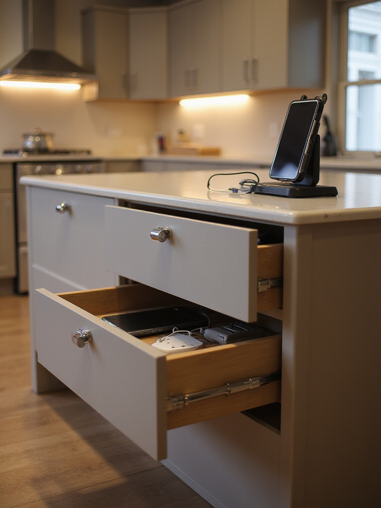 Modern kitchen island with concealed charging stations and a sleek design