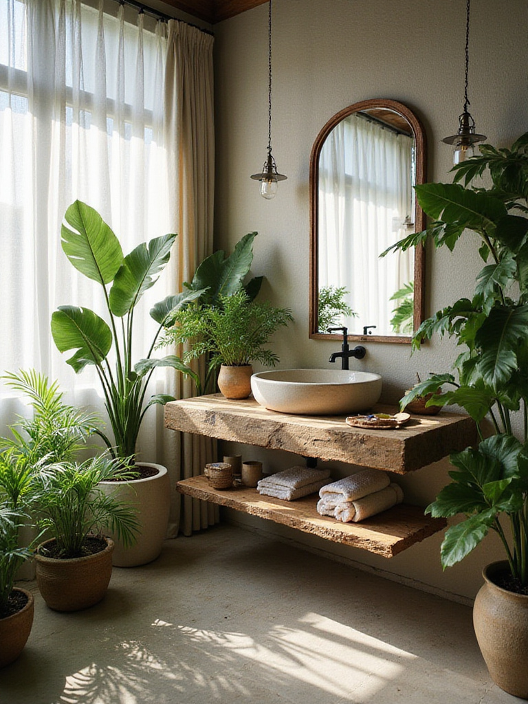 Serene bathroom with lush botanical greenery and natural textures