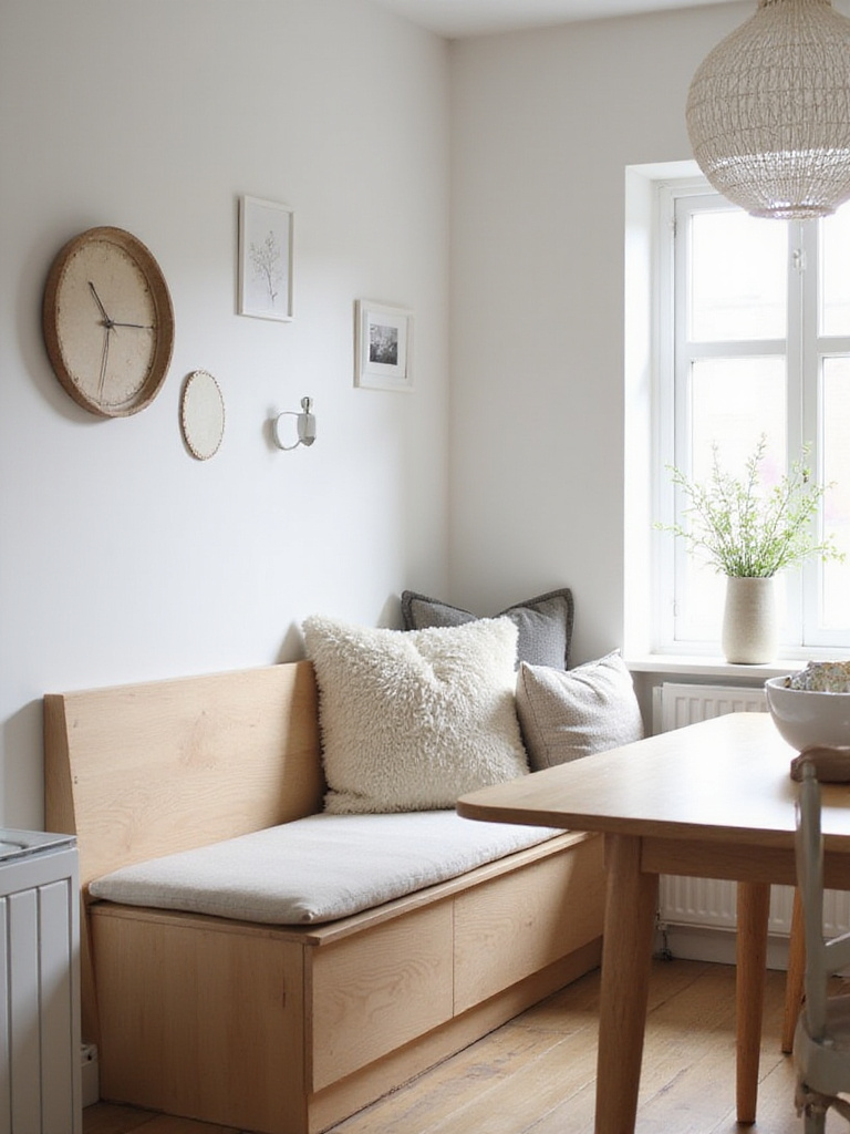 Scandinavian kitchen with built-in bench seating and cozy decor.