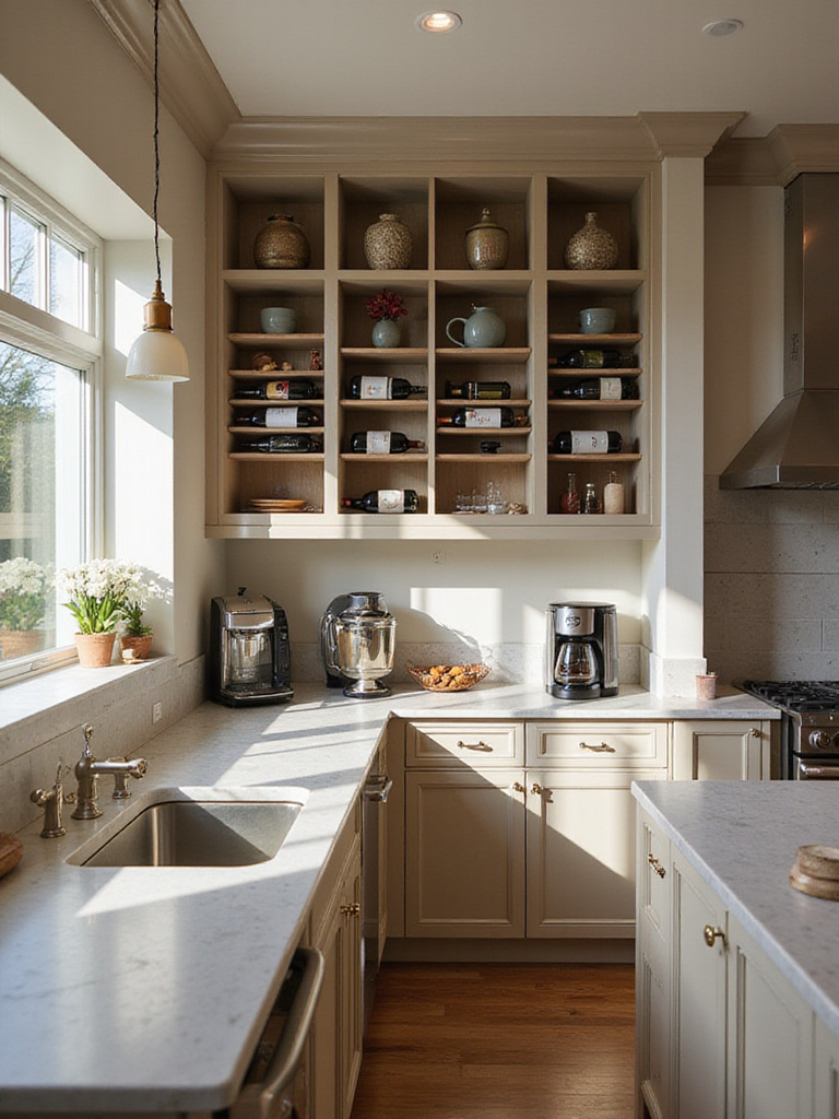 A stylish kitchen featuring a wine rack and coffee station.