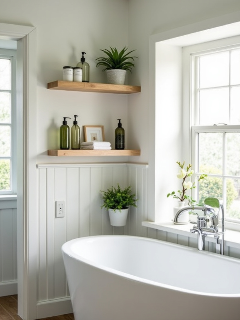 Stylish corner shelves in a small bathroom, showcasing organized toiletries and decor.