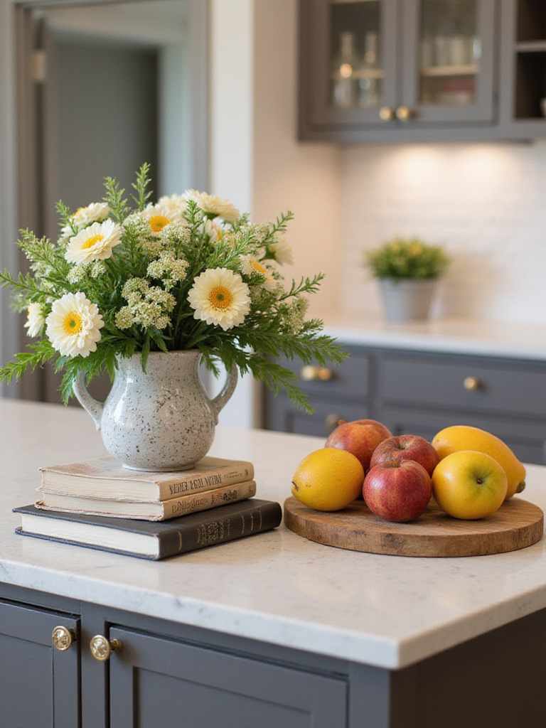 A decorative vignette on a kitchen island featuring flowers, cookbooks, and fruits.