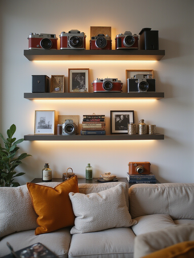 Curated display of vintage cameras and photography books on a modern shelf in a cozy apartment.