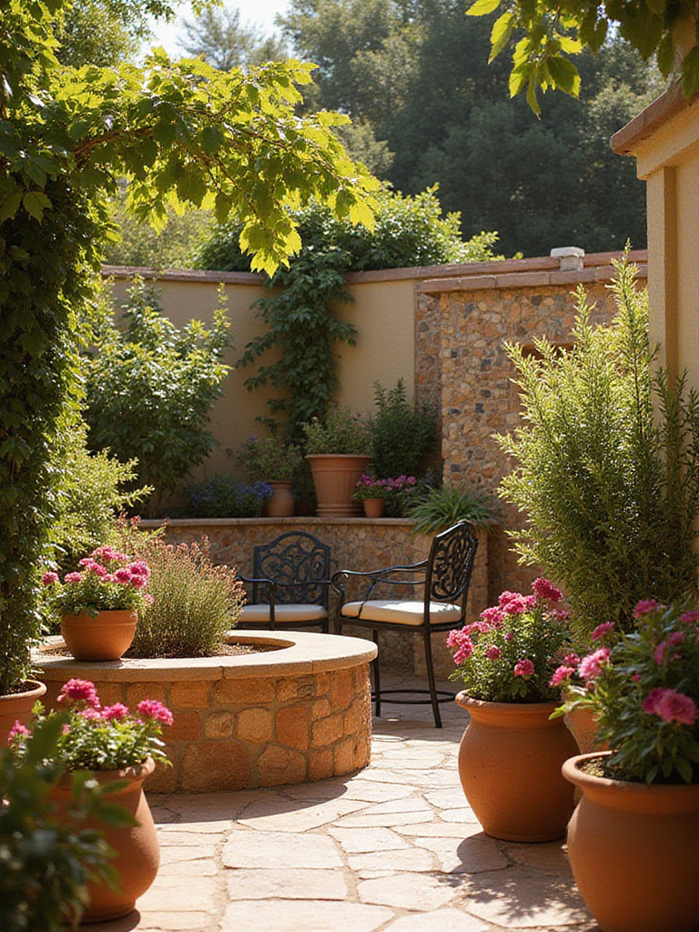 Mediterranean themed garden with terracotta pots and vibrant flowers