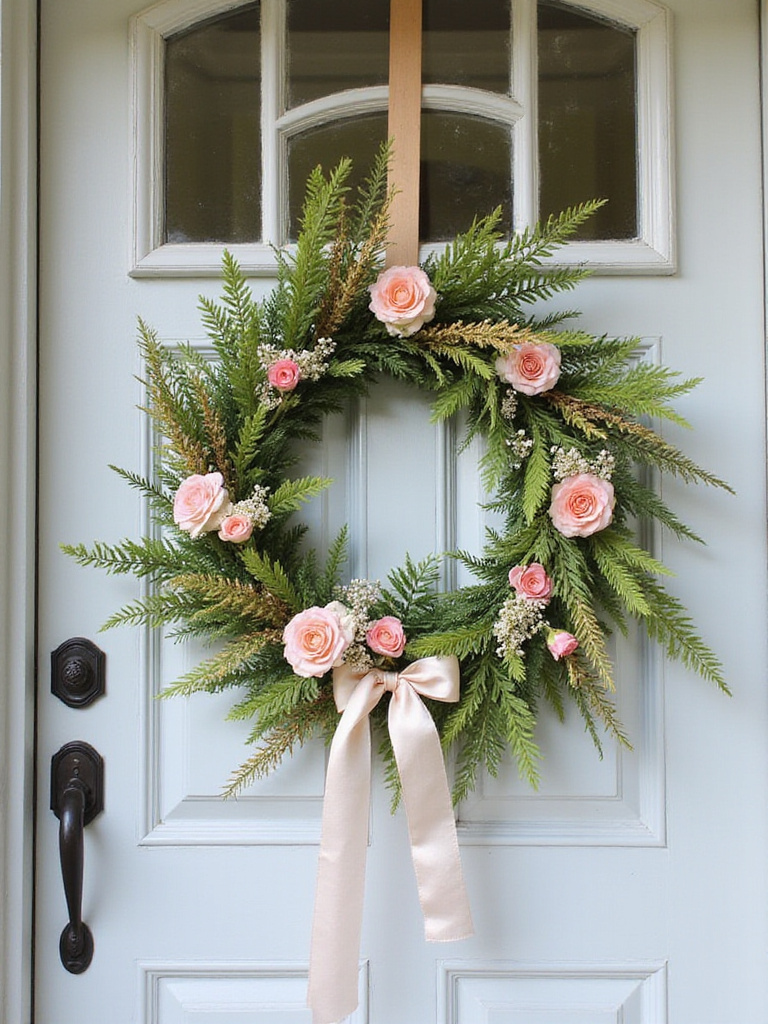 Front door decorated with a vibrant seasonal door swag featuring spring florals and a pastel ribbon.
