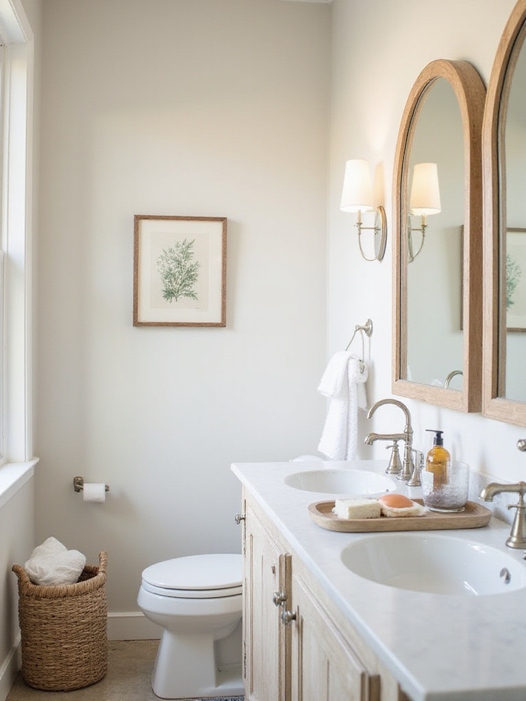 Farmhouse bathroom with neutral paint colors and natural wood accents