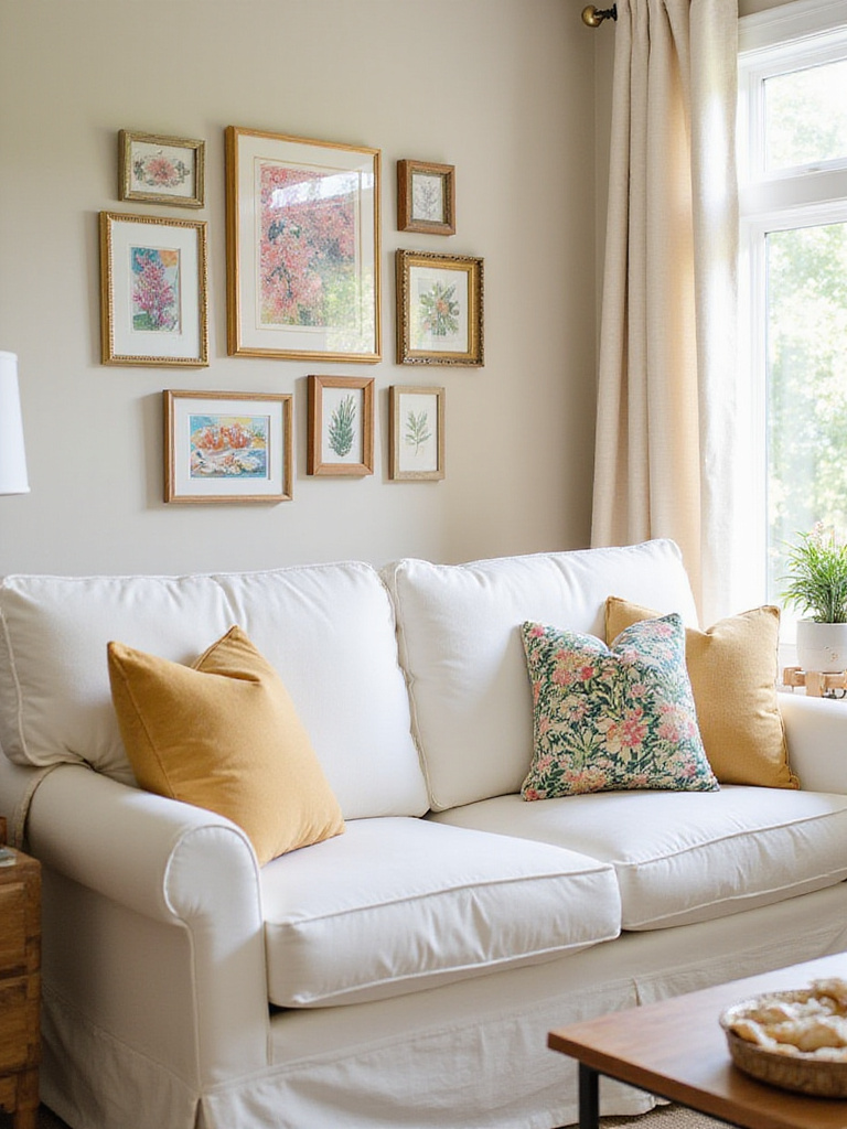 Living room wall decorated with framed art using Command Strips, showcasing a gallery style.