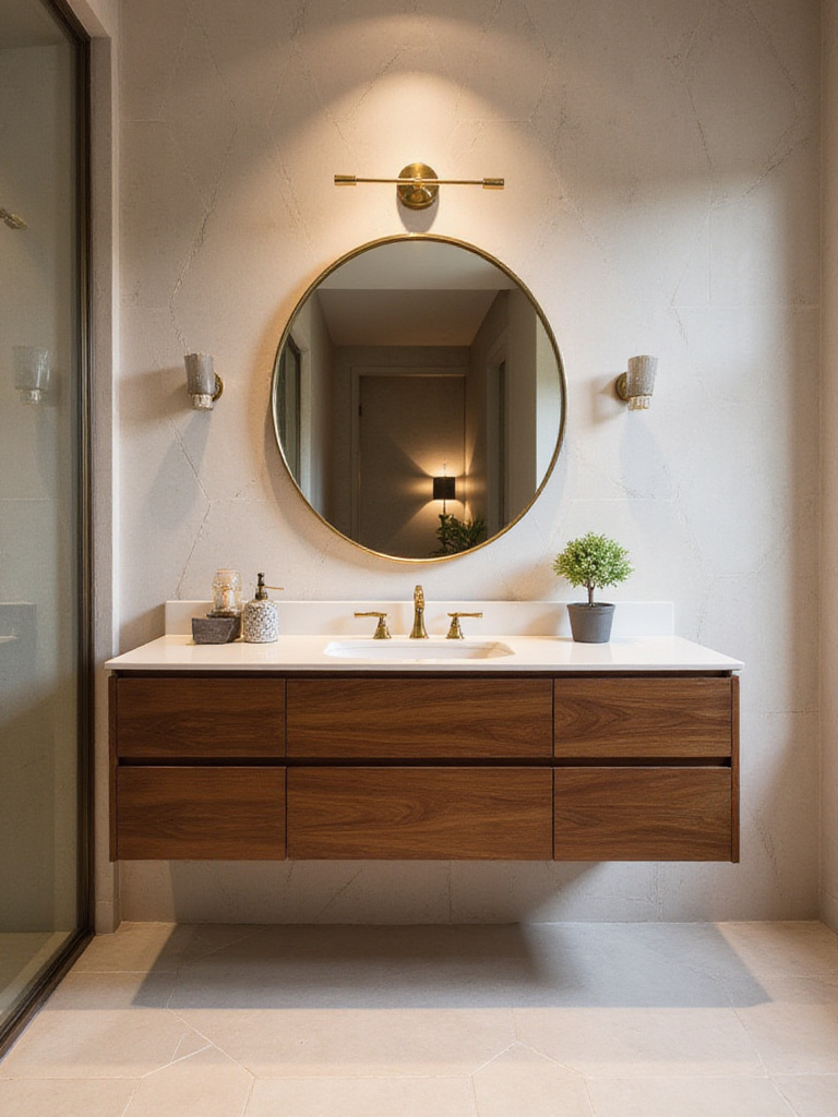 Luxurious bathroom showcasing Mid-Century Modern design with floating walnut vanity and brass-framed mirror.