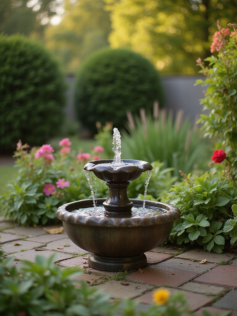 A tranquil patio garden featuring a small tabletop fountain surrounded by vibrant plants.
