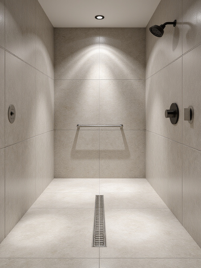 A modern wet room showcasing seamless design and minimalist features with elegant flooring and fixtures.
