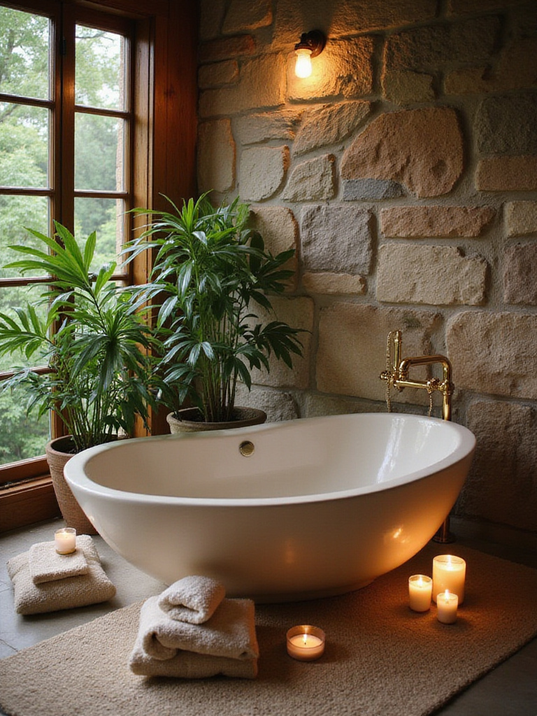 A tranquil spa sanctuary bathroom with a soaking tub, natural stone, and warm lighting.