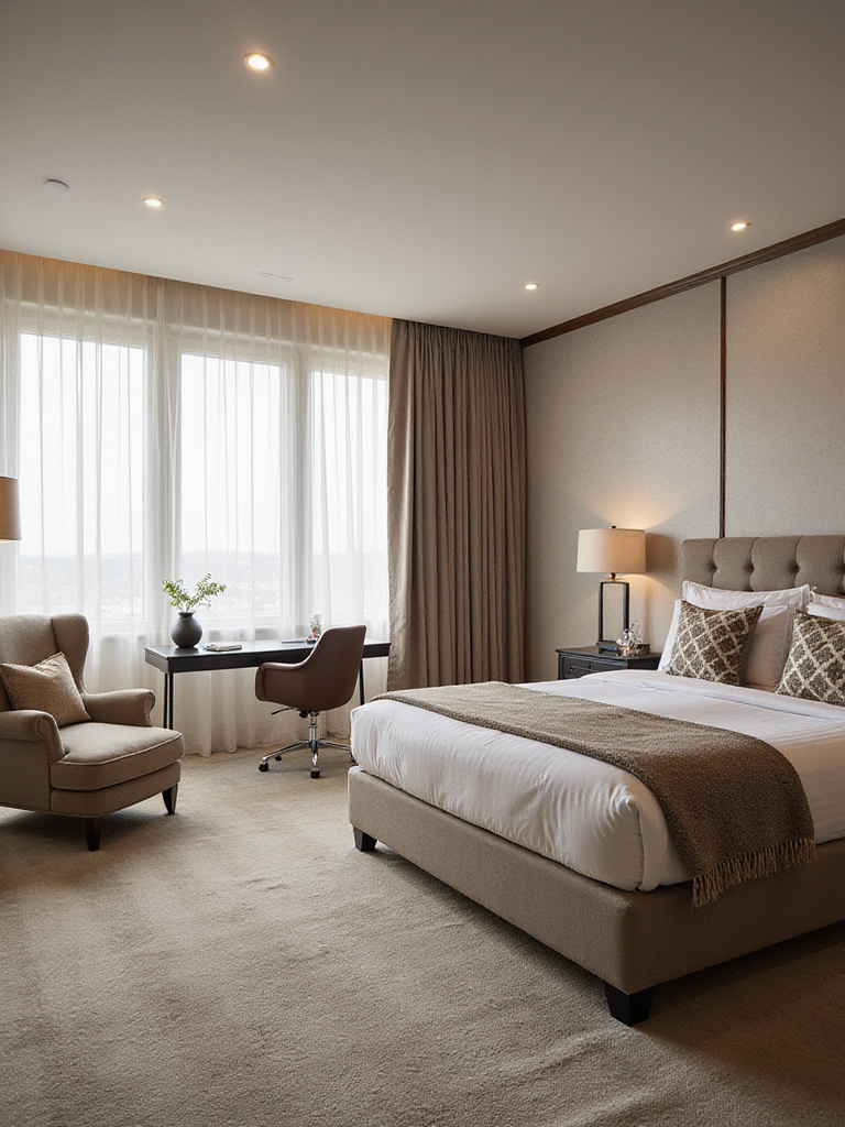 A beautifully zoned large bedroom featuring a reading nook, workspace, and sleeping area.