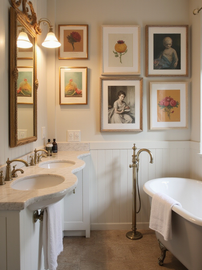 Stylish bathroom with a cohesive art gallery on the walls