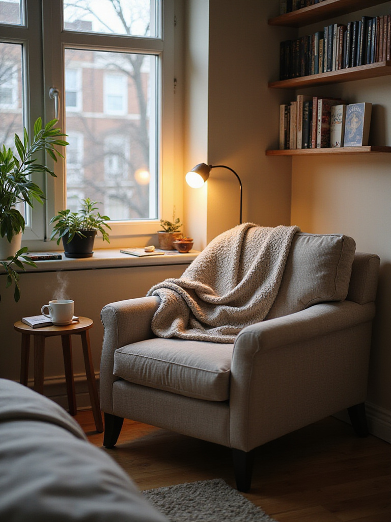 Cozy reading nook with small armchair and warm lighting
