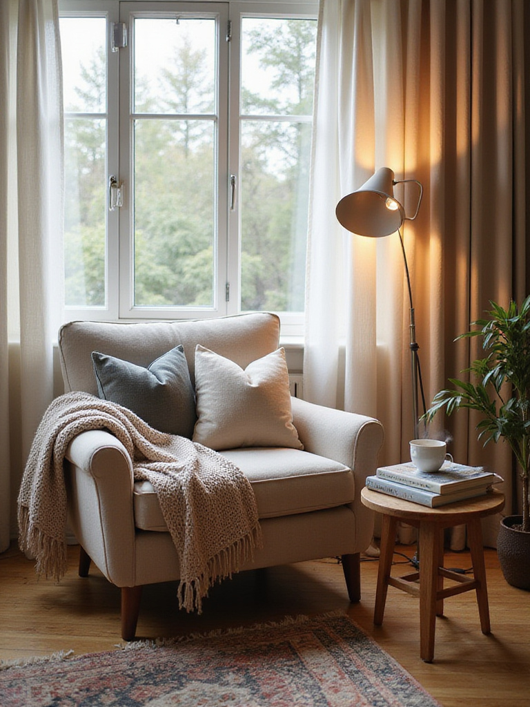 Cozy reading nook in a bedroom with plush armchair and natural light