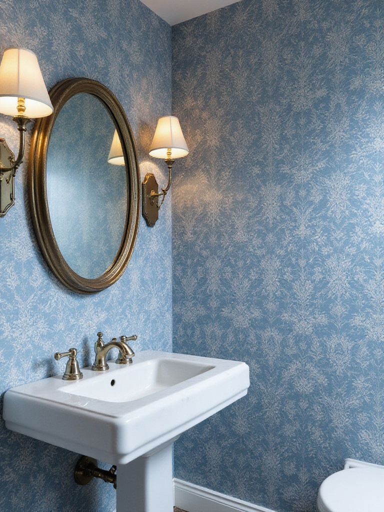 Elegant bathroom with timeless blue wallpaper and classic fixtures