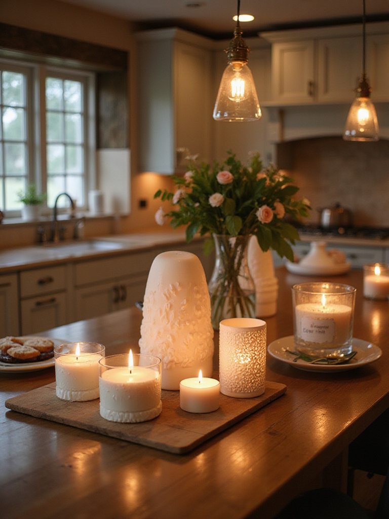 A cozy kitchen island decorated with scented candles and diffusers, creating a warm and inviting atmosphere.