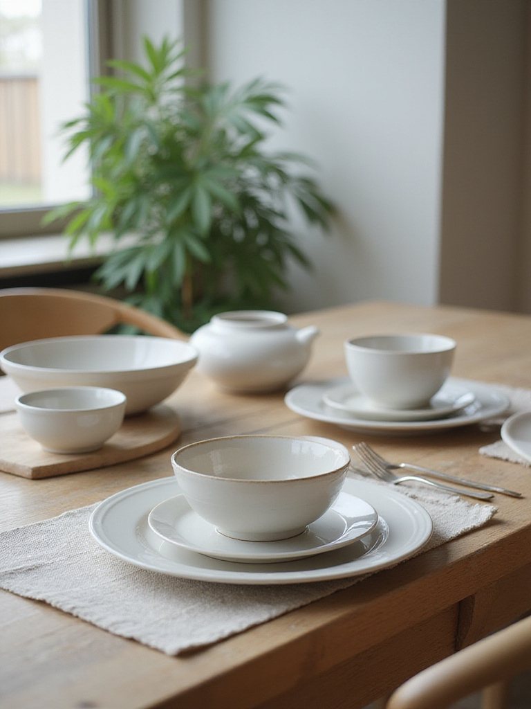 Elegant arrangement of simple ceramic dishware on a Scandinavian dining table.
