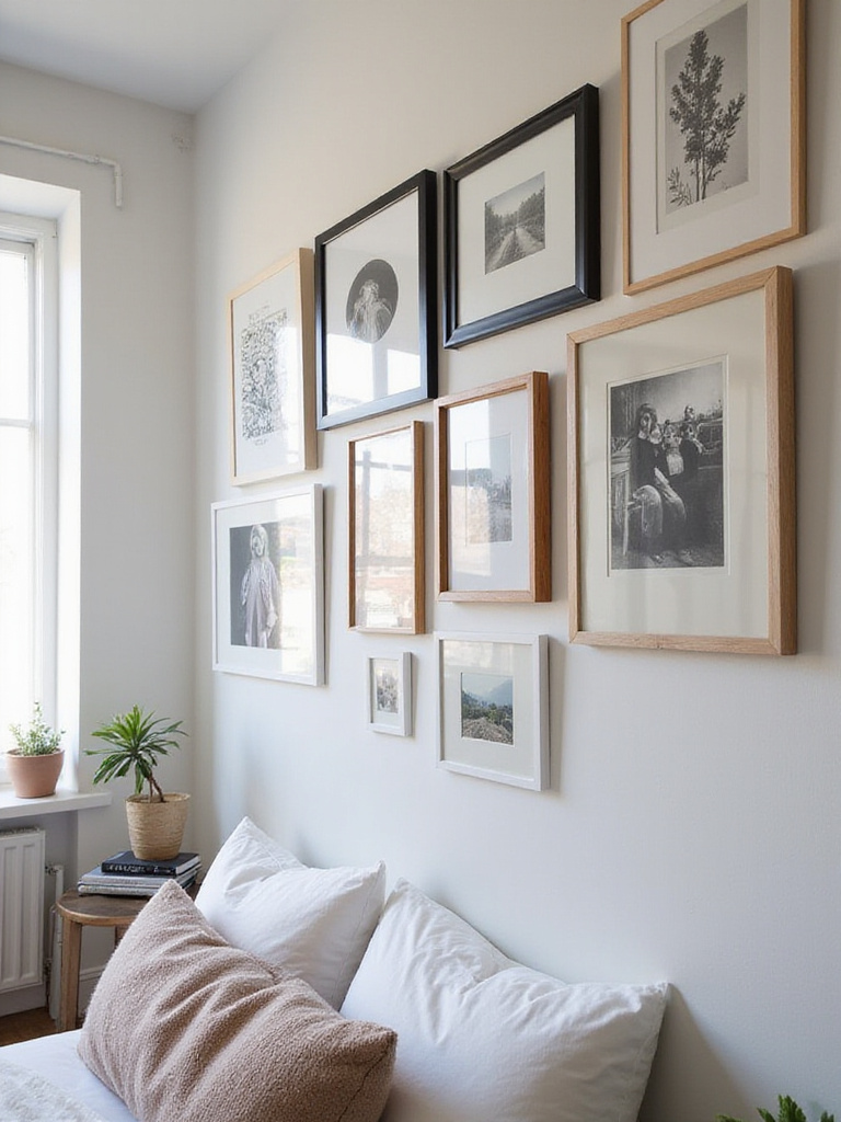 Gallery wall featuring various framed artworks and photographs in a modern apartment bedroom.