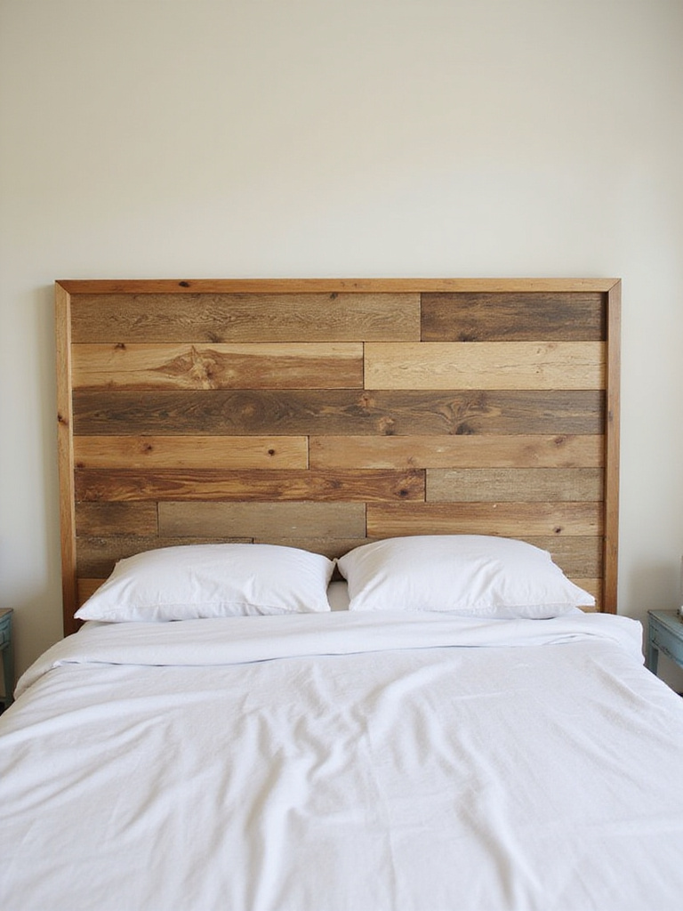 A DIY custom headboard made from reclaimed wood in a cozy apartment bedroom setting.