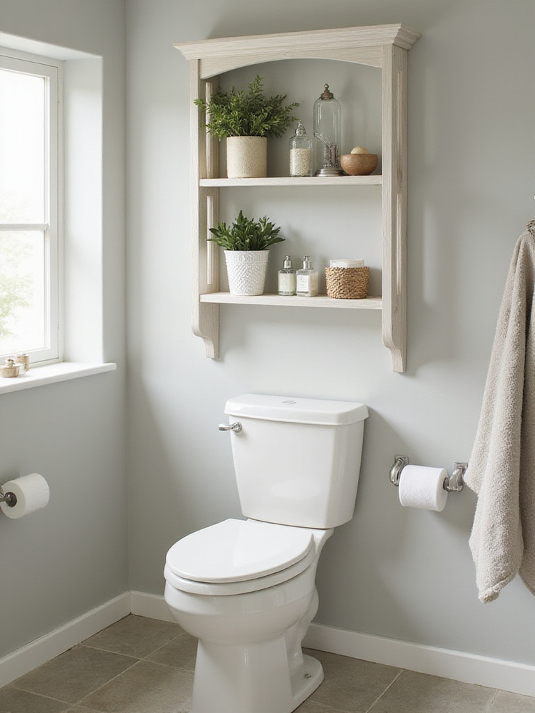 Elegant bathroom with pre-assembled over-toilet shelving unit and decorative items