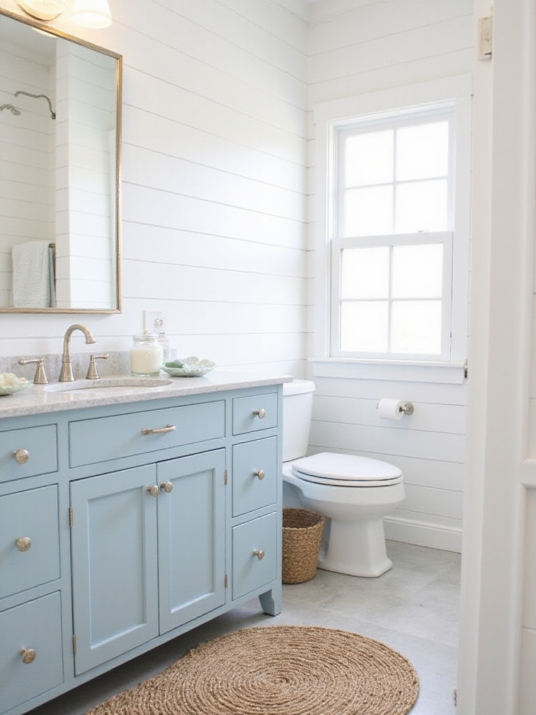 Coastal themed bathroom with shiplap walls and blue accents