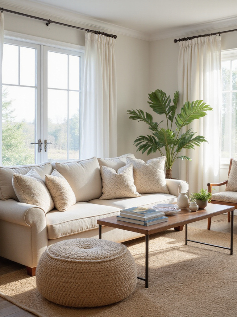 A serene living room with neutral colors and cozy decor, showcasing a personal decor style vision.