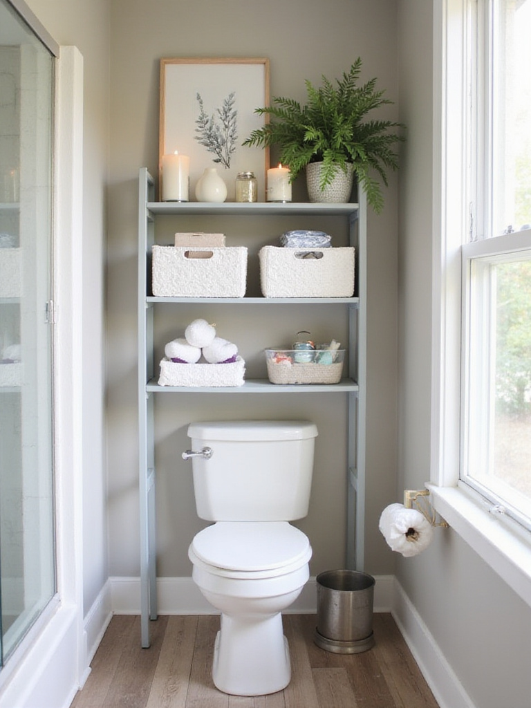 Stylish bathroom with an over-the-toilet shelf showcasing organized storage and decorative elements.