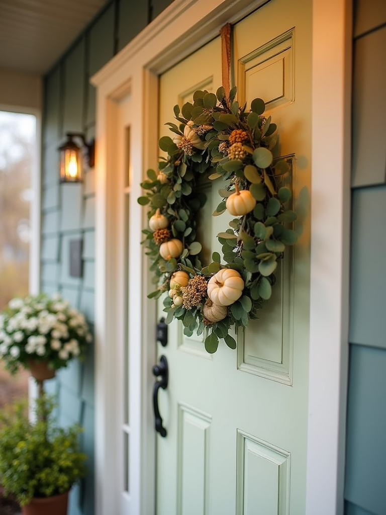 A vibrant all-season wreath on a pastel front door, showcasing seasonal accents.