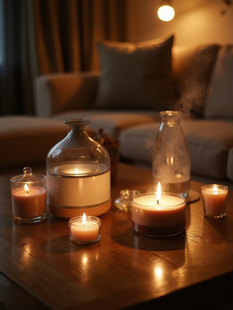 Elegant coffee table with scented candles and a stylish diffuser, warm lighting
